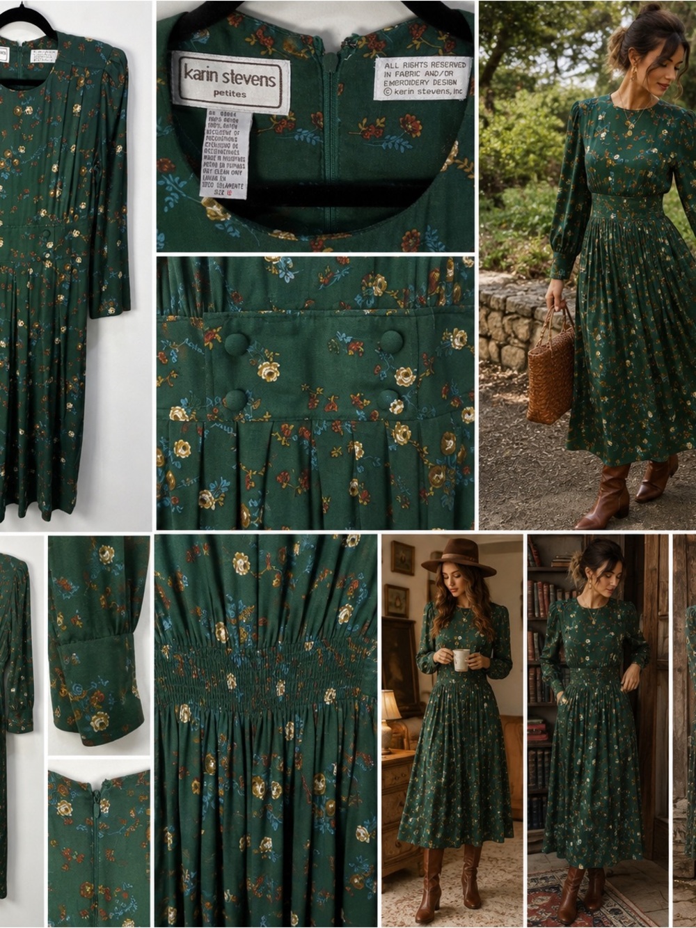 Vintage 80s Karin Stevens Dress 12 Floral Cottagecore Granny Chic Dark Academia